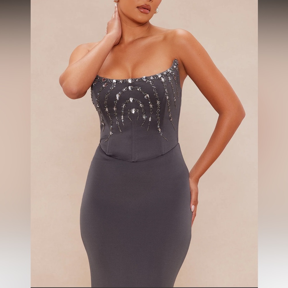 Gray Beaded / Rhinstone Formal Dress